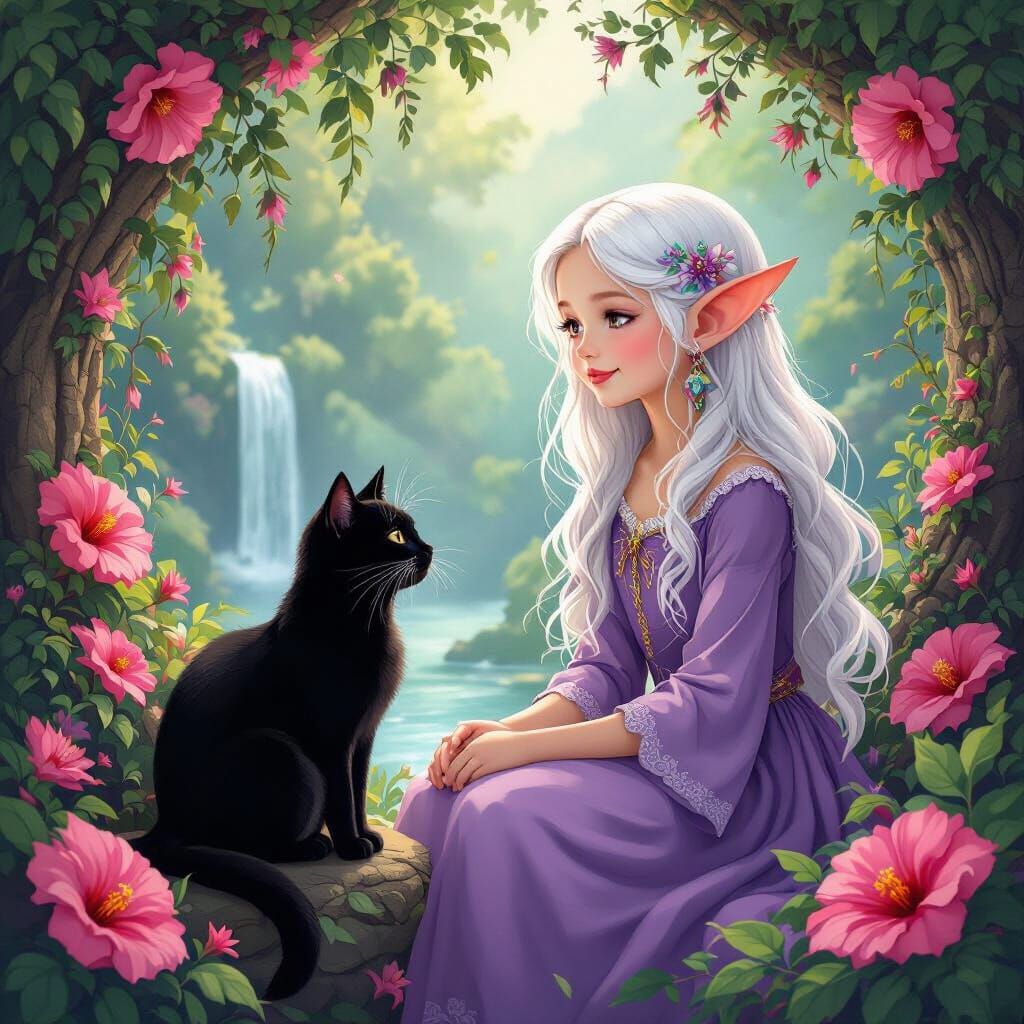 Enchanting Fairy and Black Cat in Magical Forest