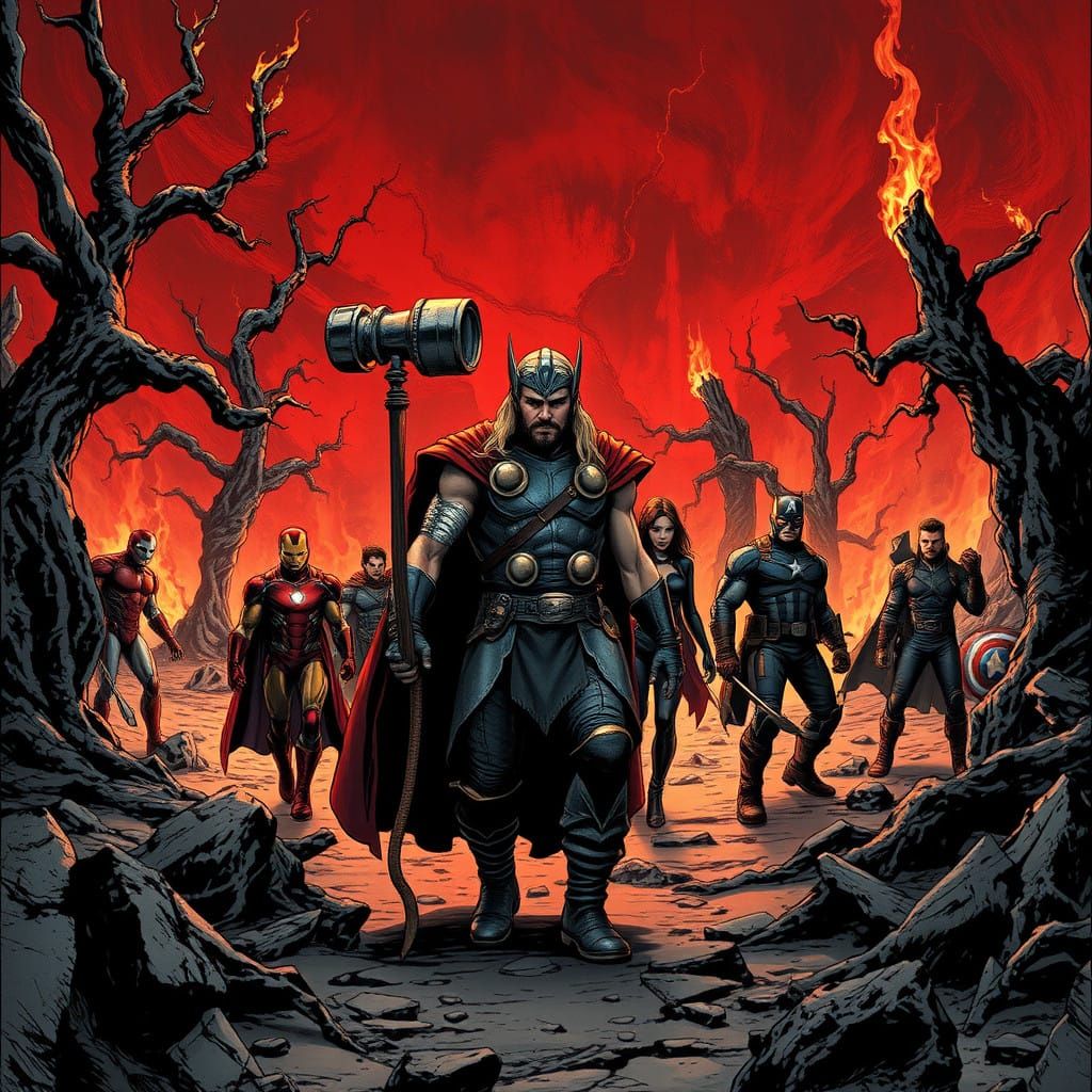 Asgardian Warriors Battle Dark Forces in a Crimson Hellscape