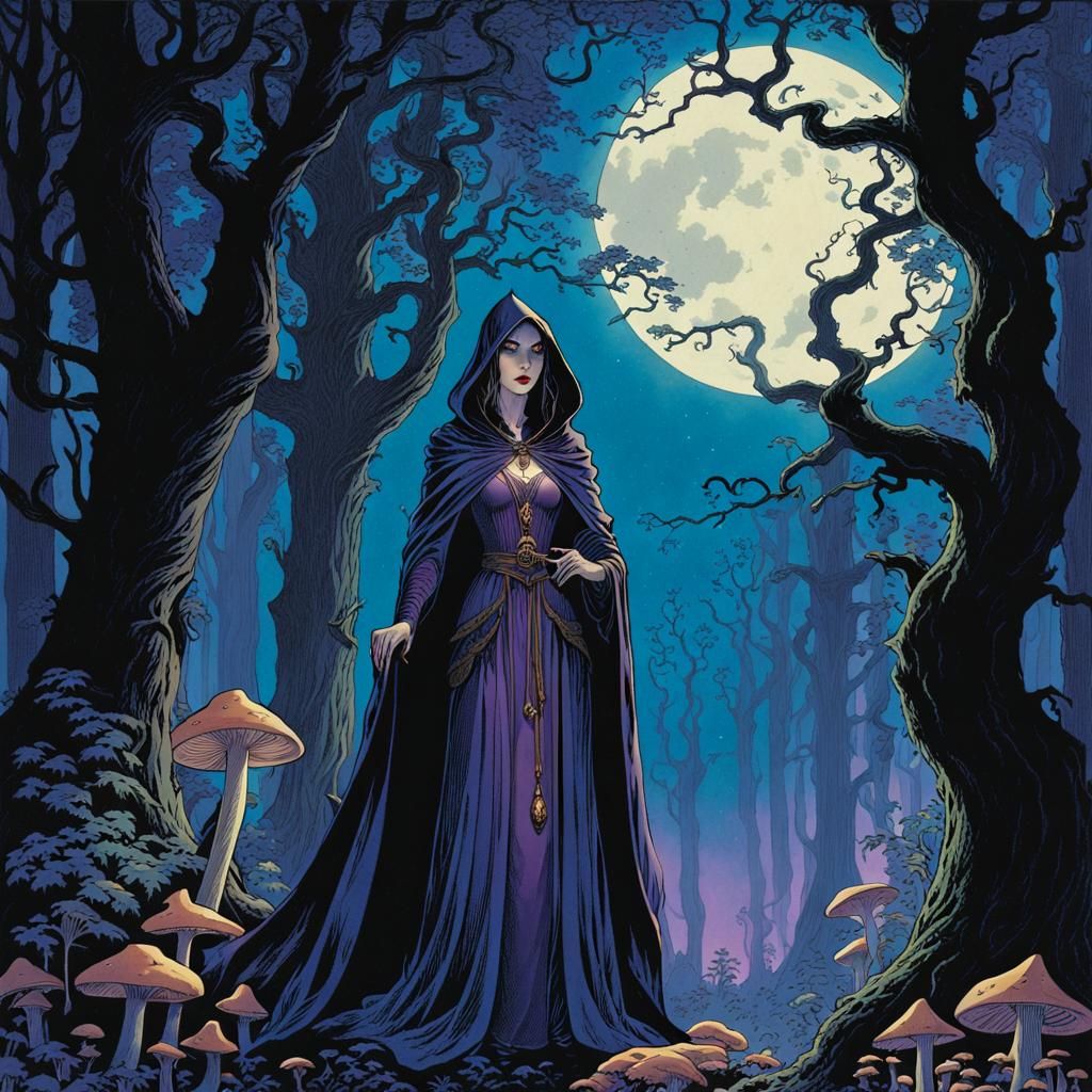 Hooded Sorceress in Misty Forest Illustration