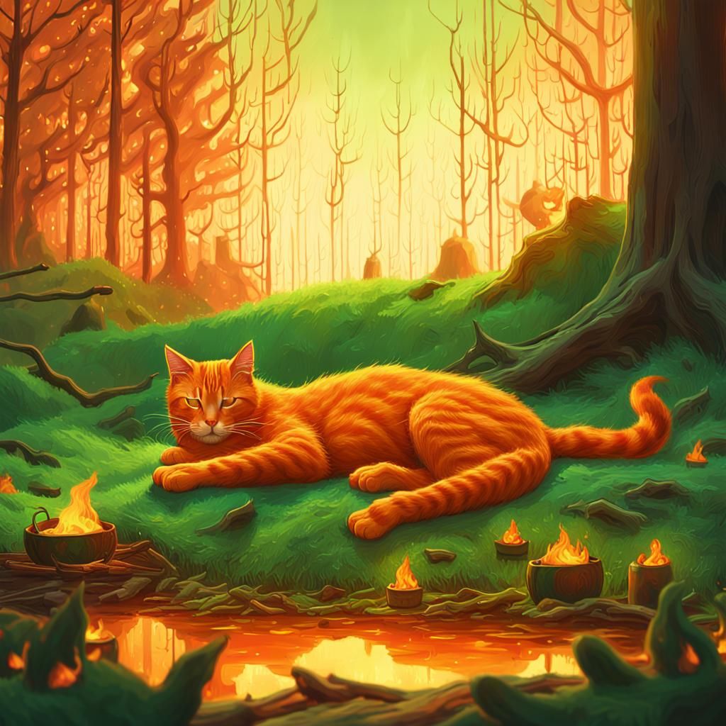 Orange Cat Sleeps on Green Fire