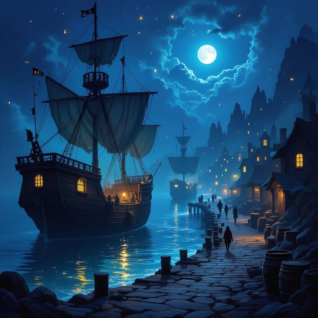 Mystical Pirate Cove at Night with Ethereal Glow