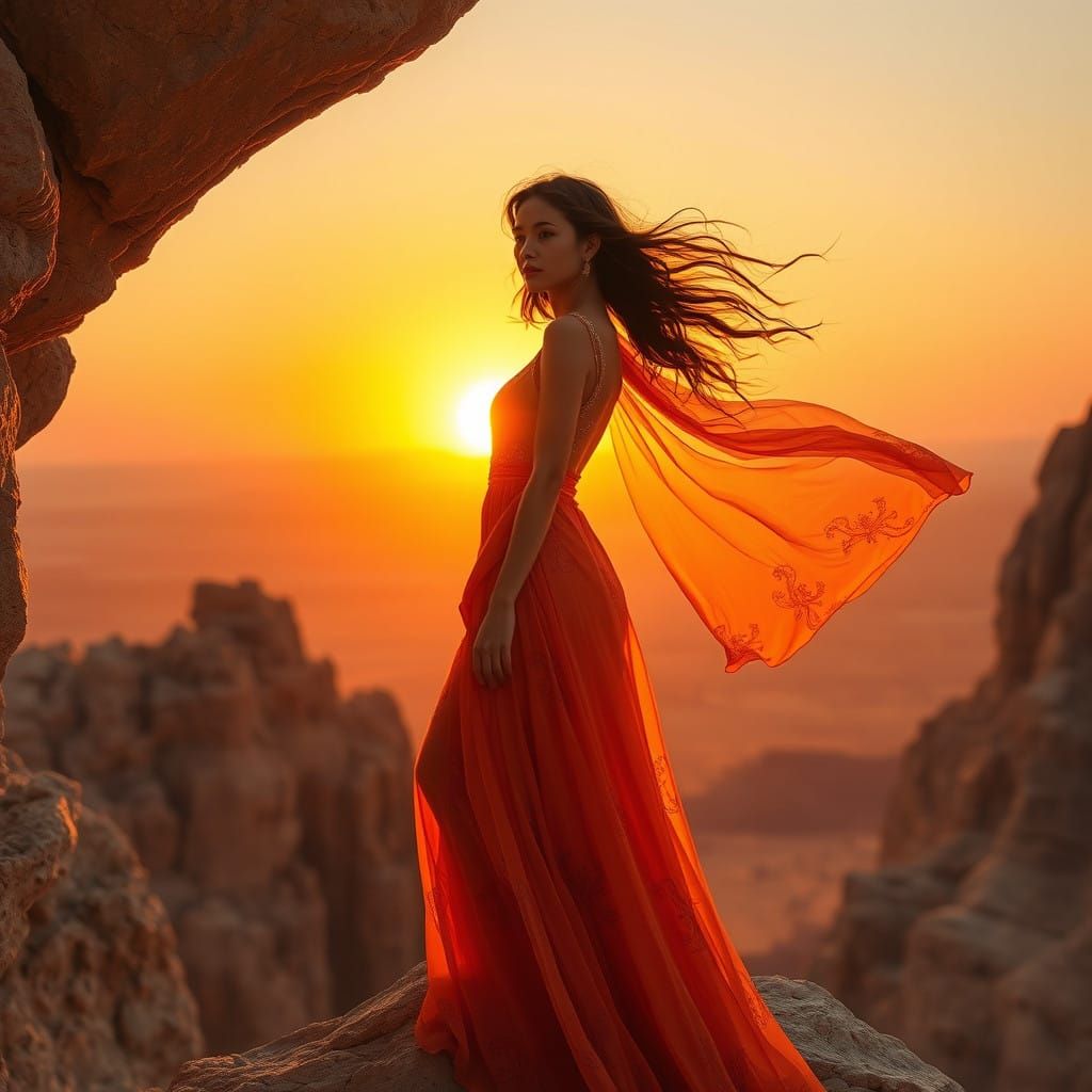 Radiant Woman Silhouetted Against Desert Sunset in Vibrant O...