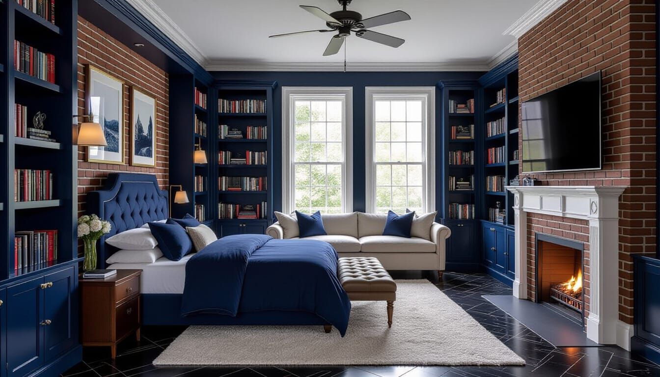 Victorian Bedroom with Snowy Views and Fireplace
