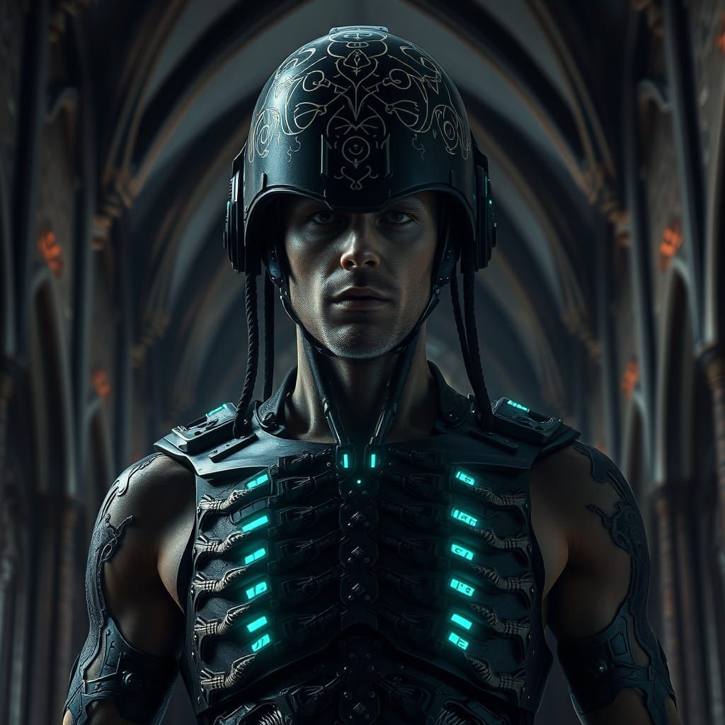 Cyborg God in Dark Cathedral, Gothic Tech Aesthetic