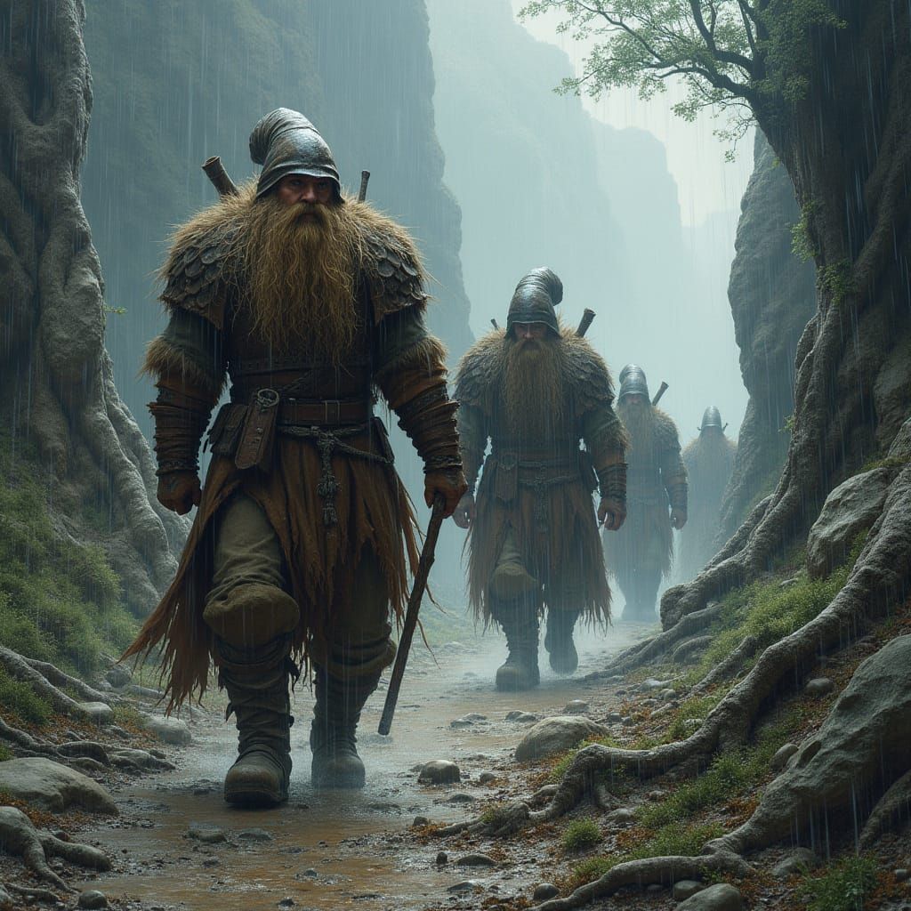 Dwarves Battle Rugged Mountain in Torrential Rain