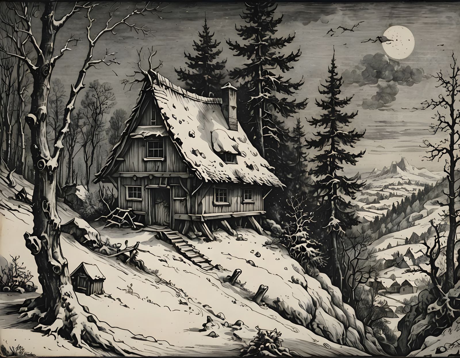Witch's Hut Amidst Winter Wonderland in Woodcut Style