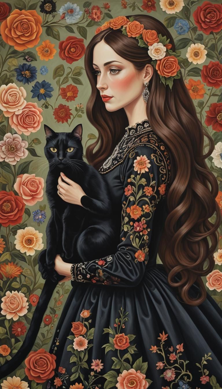 a painting of the profile of a beautiful woman holding a cat...