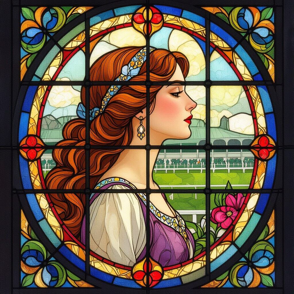 Stained Glass Hogwarts Derby Window in Mucha Klimt Style