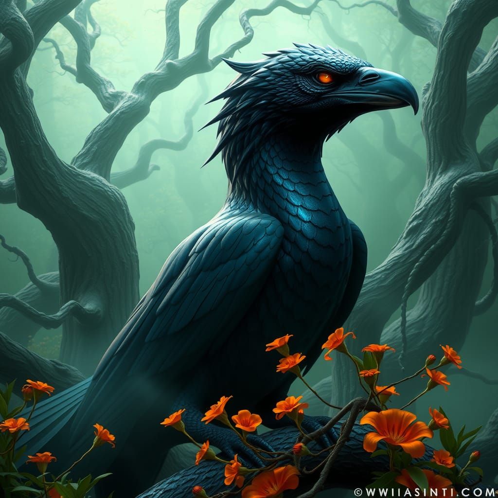 Majestic Serpent-Crow Hybrid in Dreamlike Forest