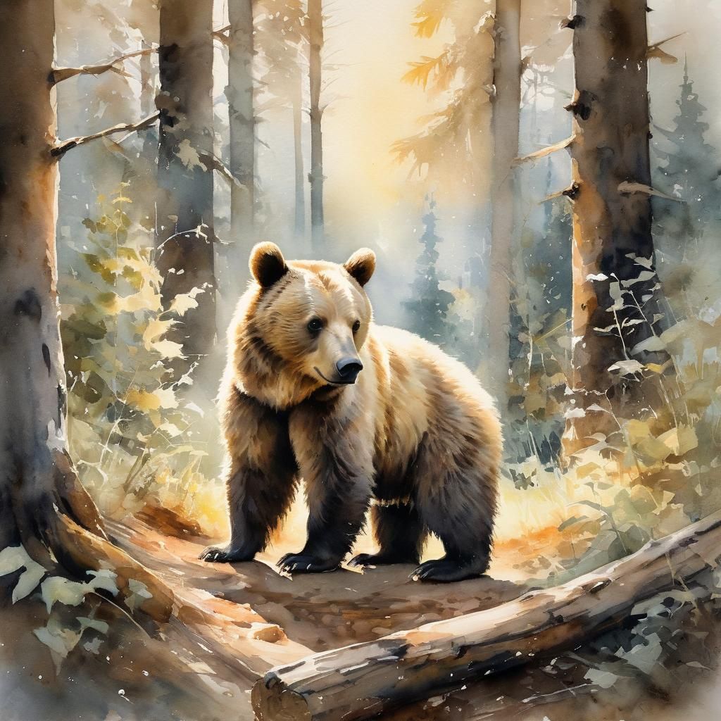 Watercolor Bear Cub and Rabbit Meeting