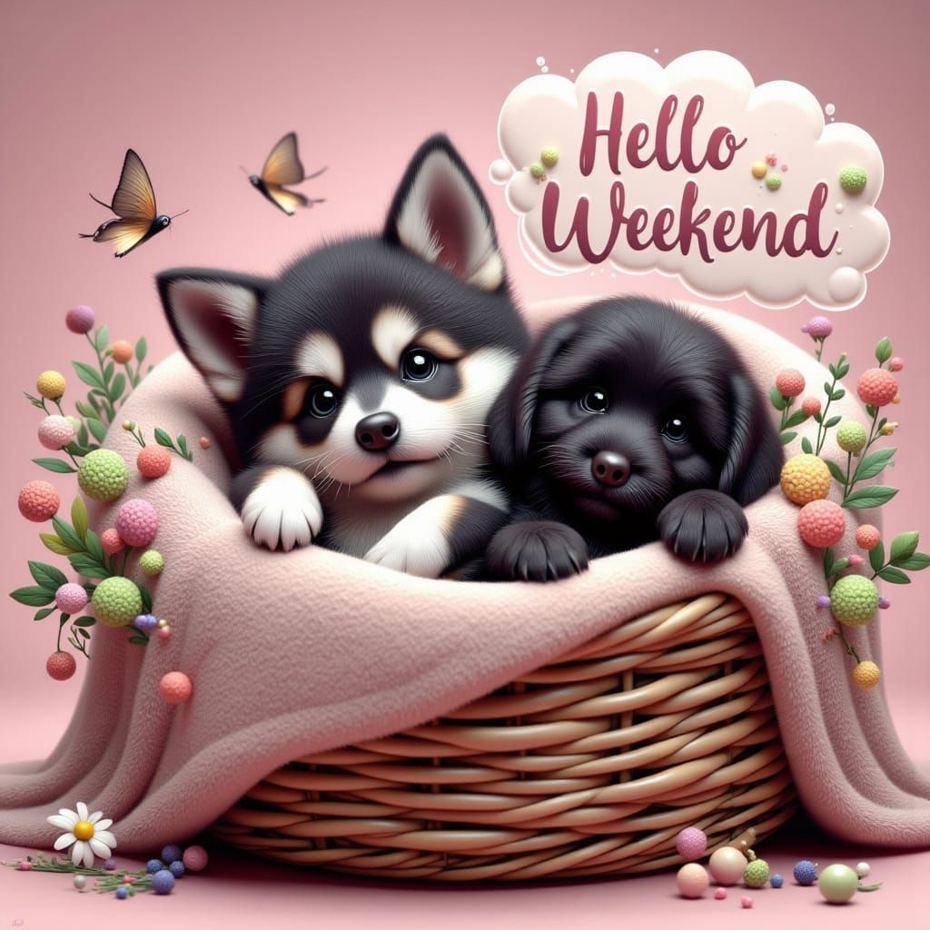 Adorable Chibi Puppies Cuddle in Whimsical Wicker Basket Sce...