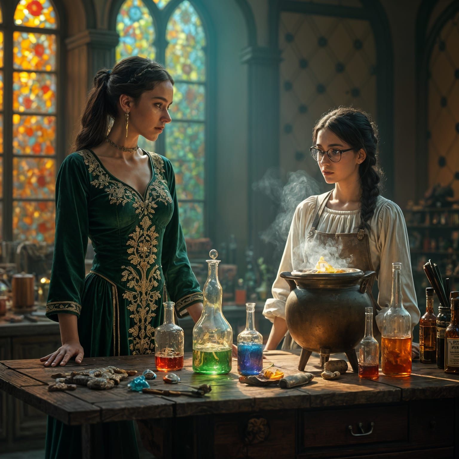 Sorceress and Student with Magic Potions, Fantasy Art