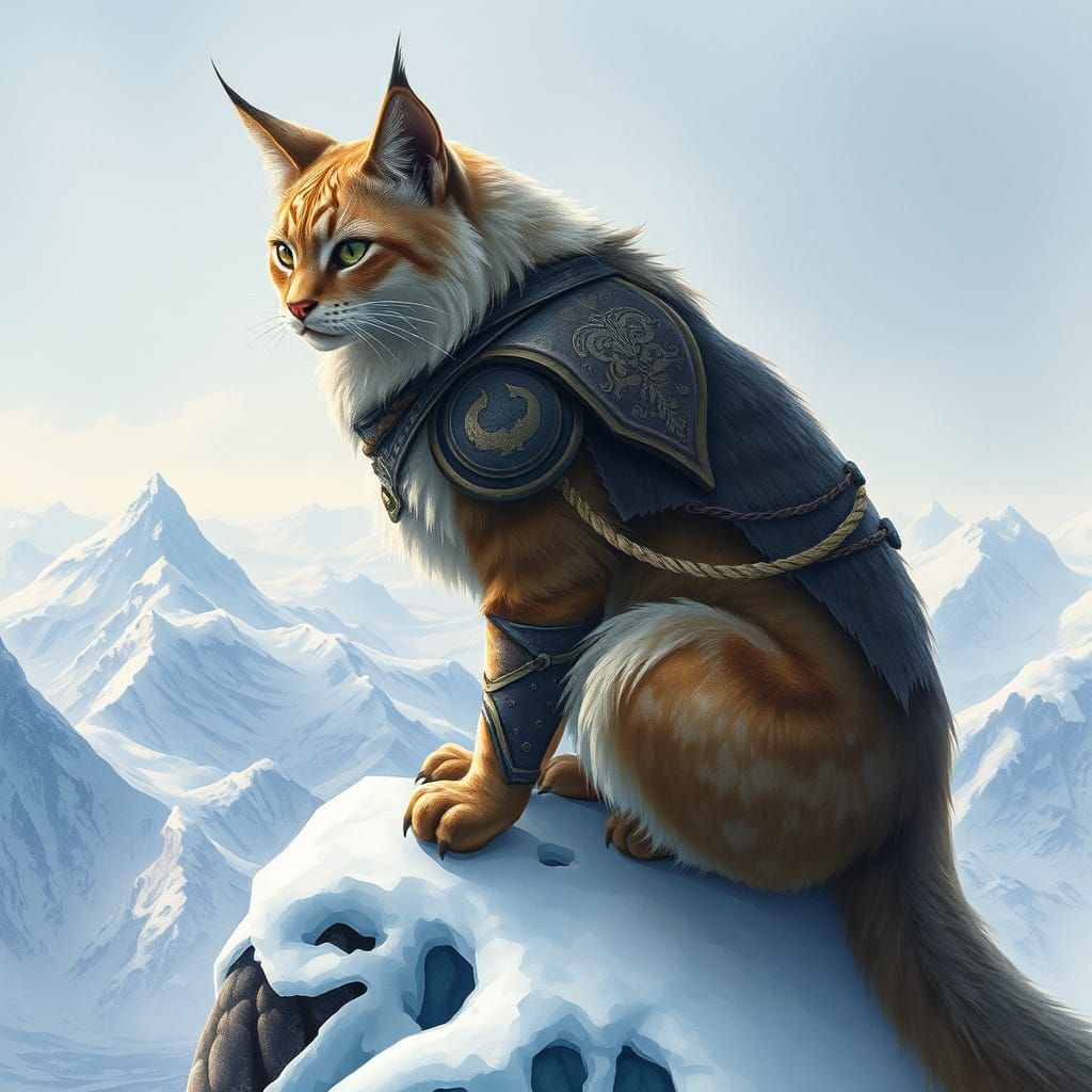 Armored Warrior Cat on Snowy Peak: Fantasy Watercolor