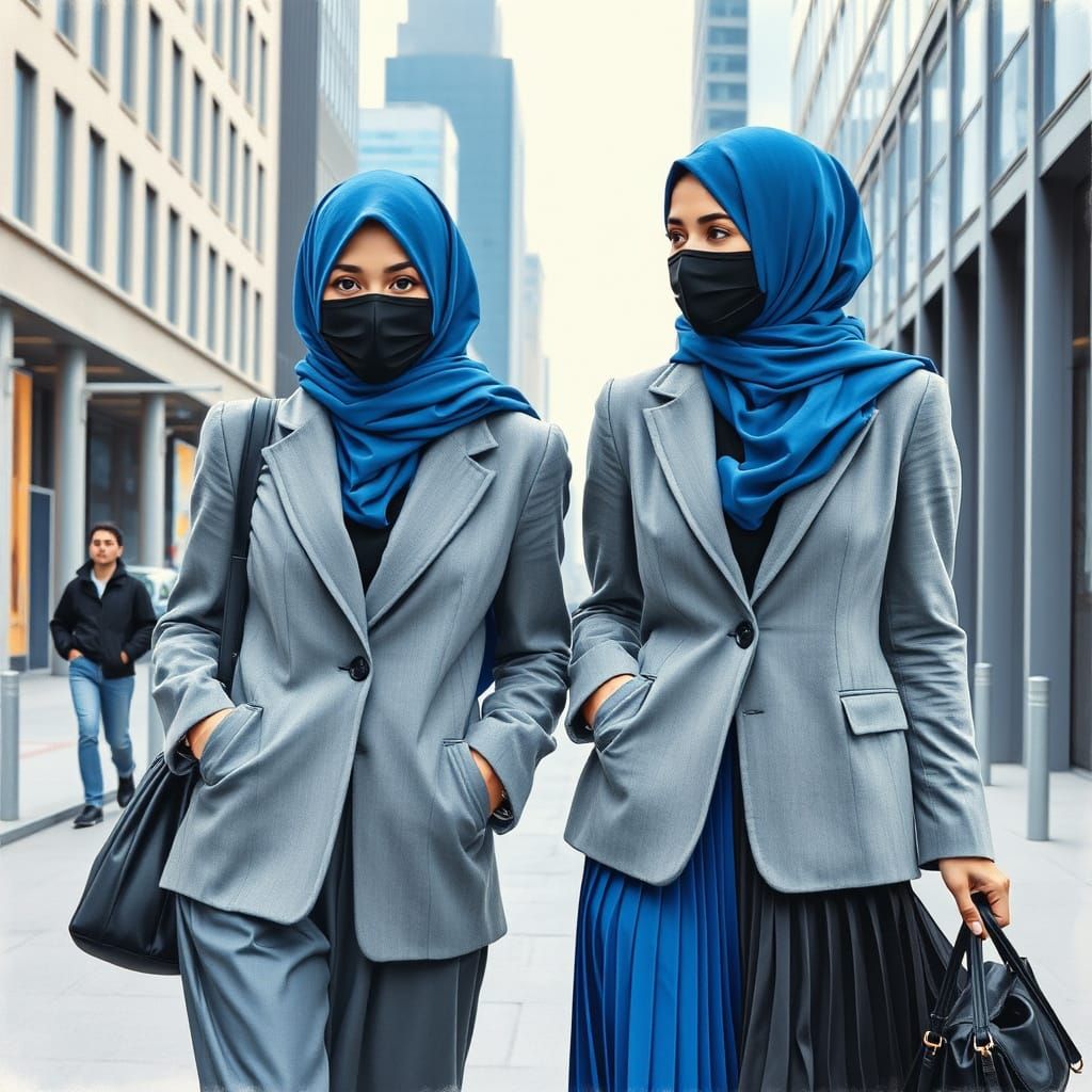 Hijabi Businesswomen in Modern City: Color Pencil Portrait