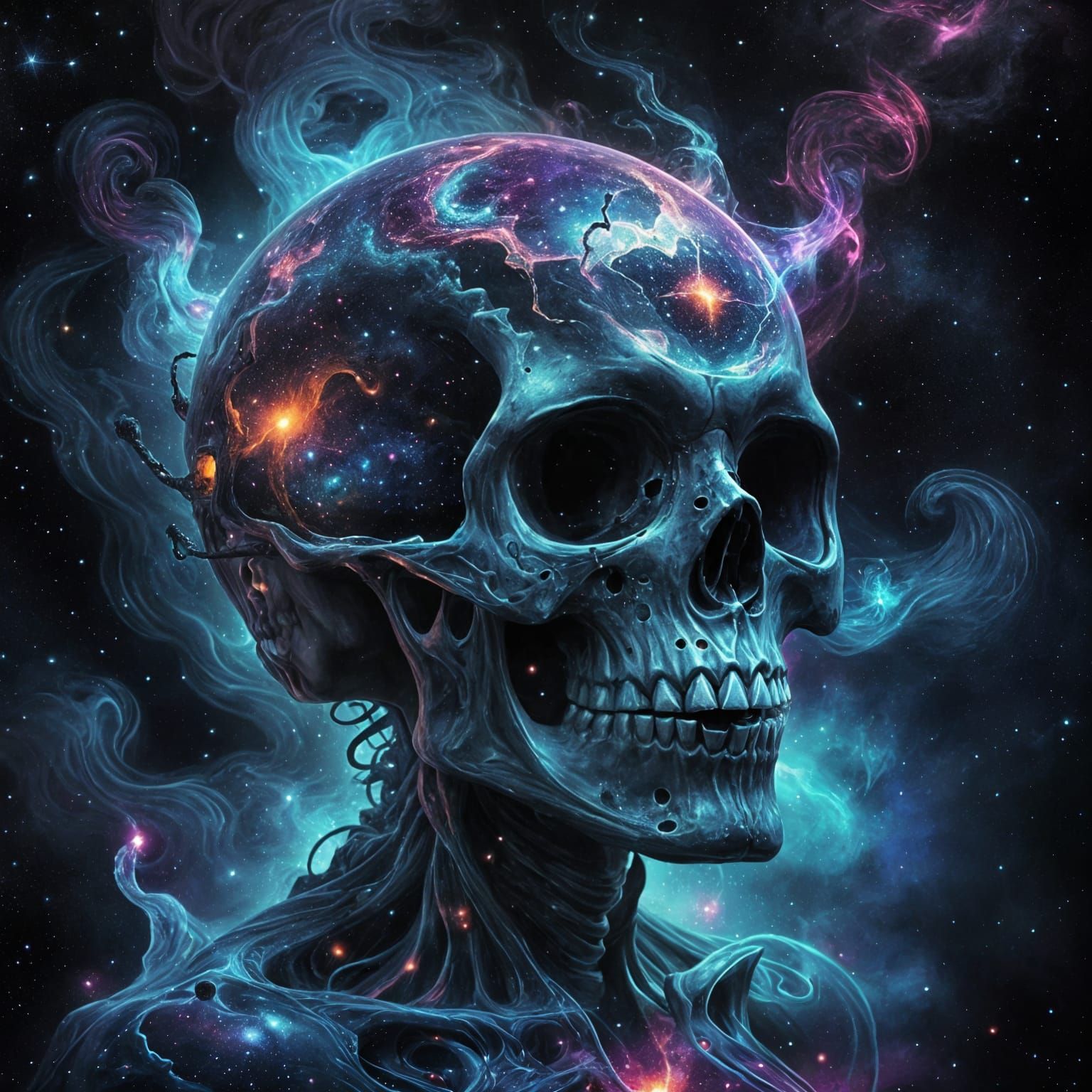 A cosmic skull, adorned with swirling nebulae and stardust, ...