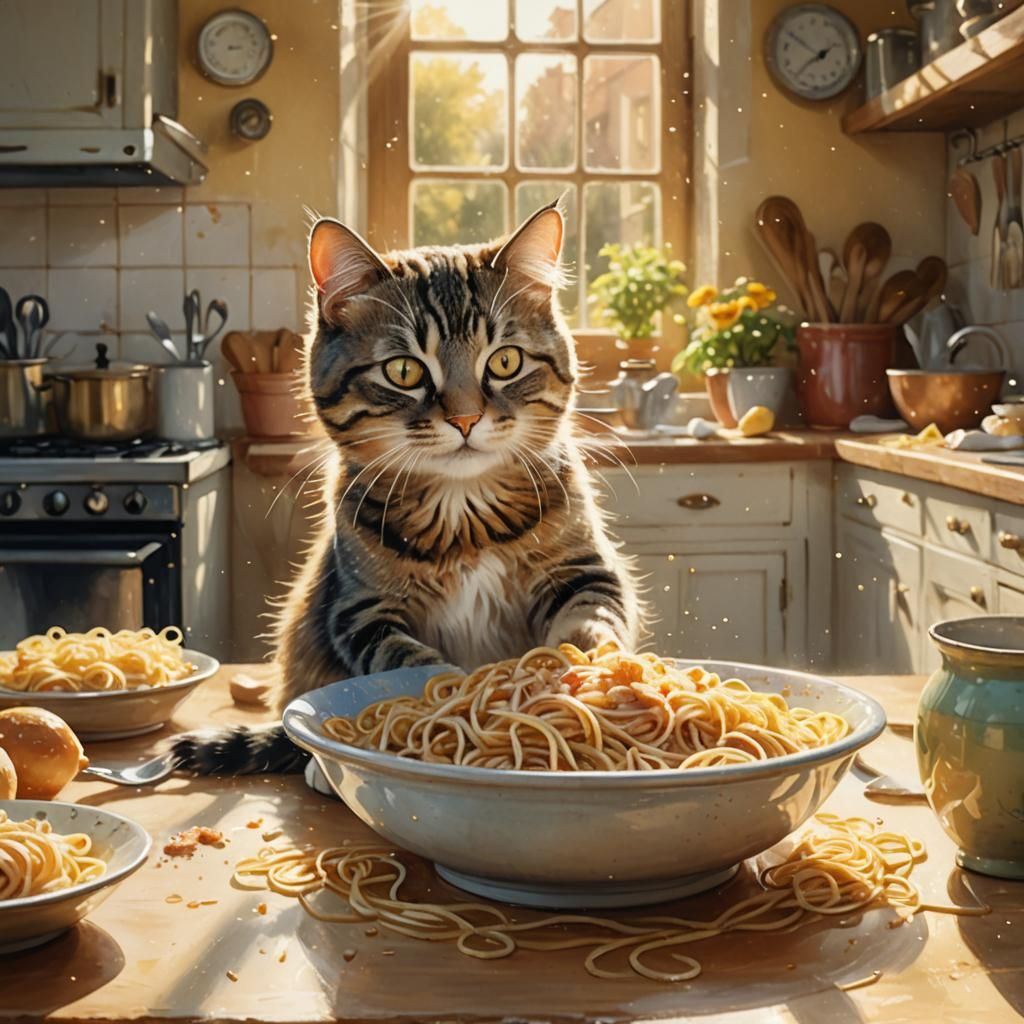 Cat's Whimsical Spaghetti Feast: Digital Illustration