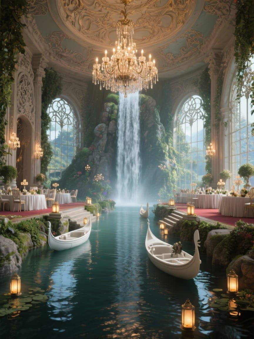 Majestic Waterfall in Elegant Ballroom