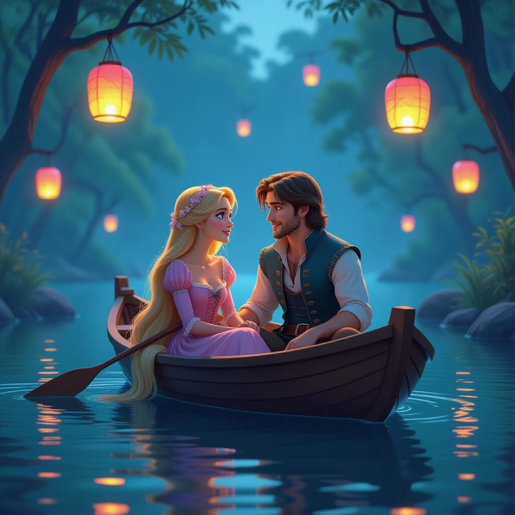 Rapunzel and Flynn Amidst Glowing Lanterns