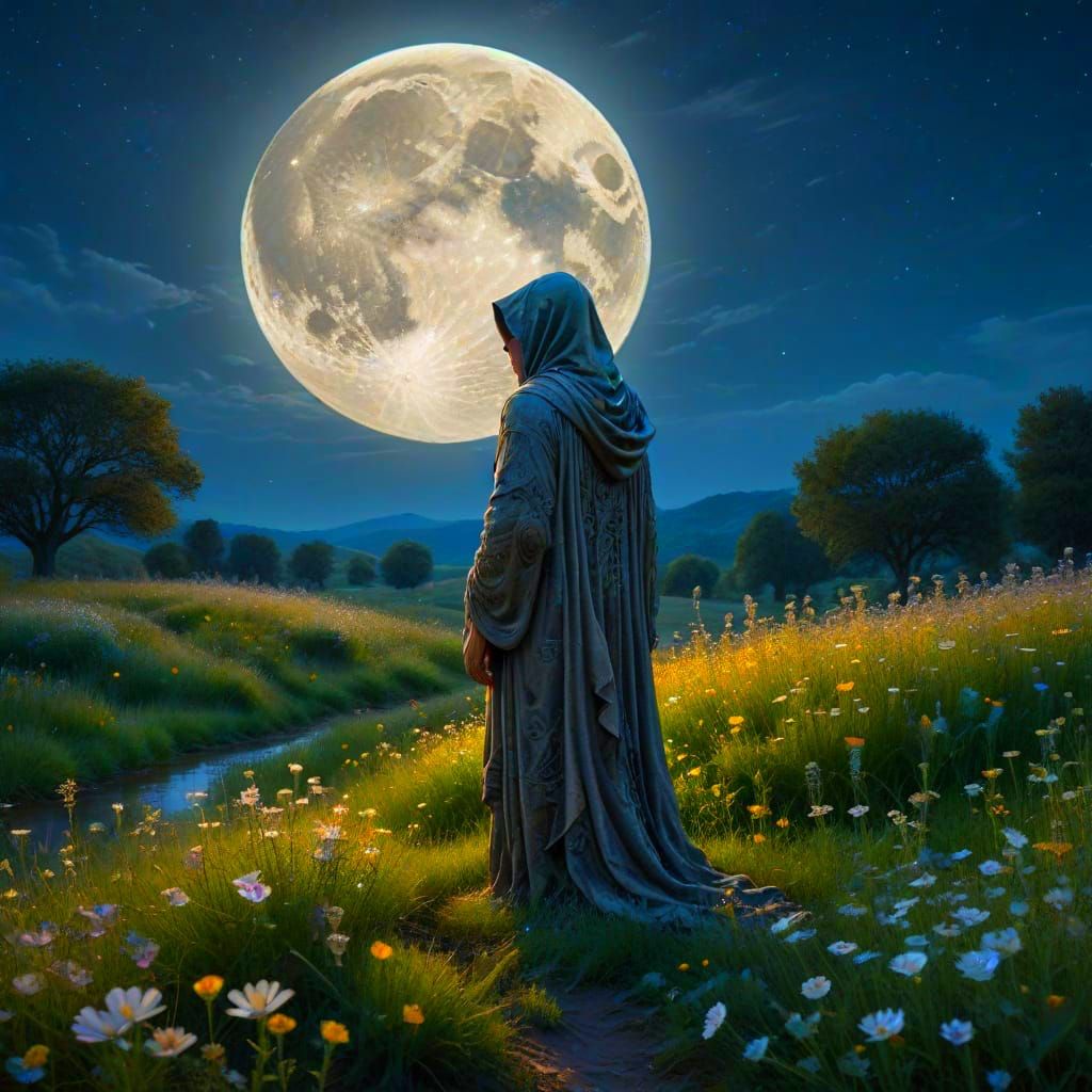 Lone Whisperer Under Moonlit Bloom