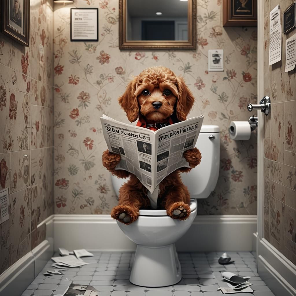 Red Cavapoo Newspaper Reader in Loo: Digital Painting