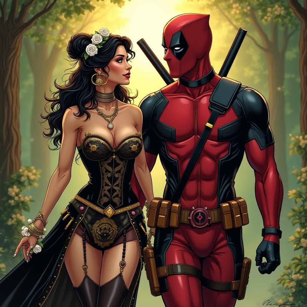 Deadpool & Italian Princess in Emerald Forest at Sunset