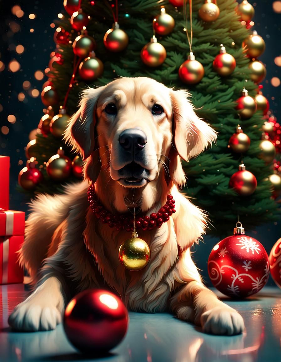 Festive Golden Retriever Elf Portrait in 3D