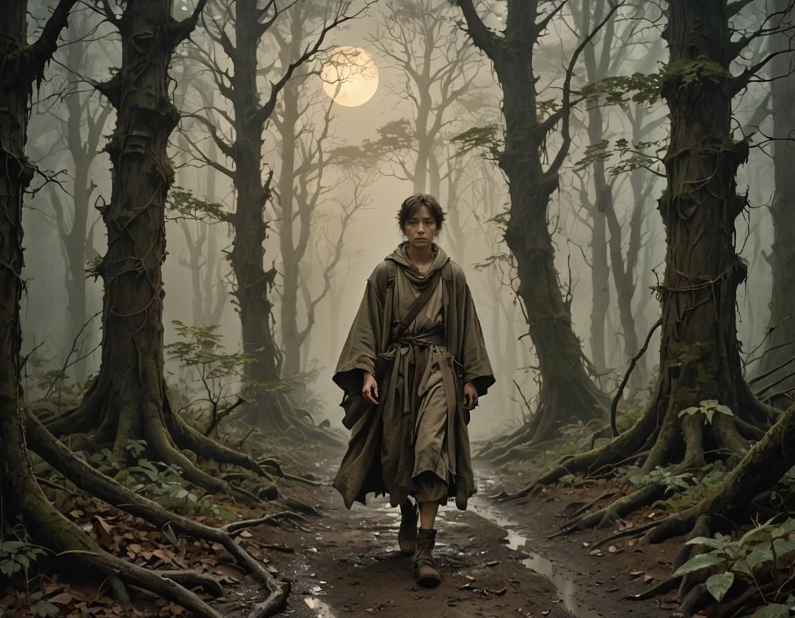 Exhausted Traveler in Dense Forest