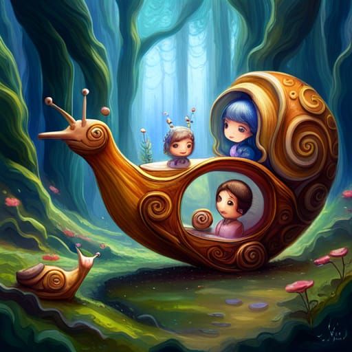 Chibi Snails Pulling Fairy Chariot: Storybook Illustration