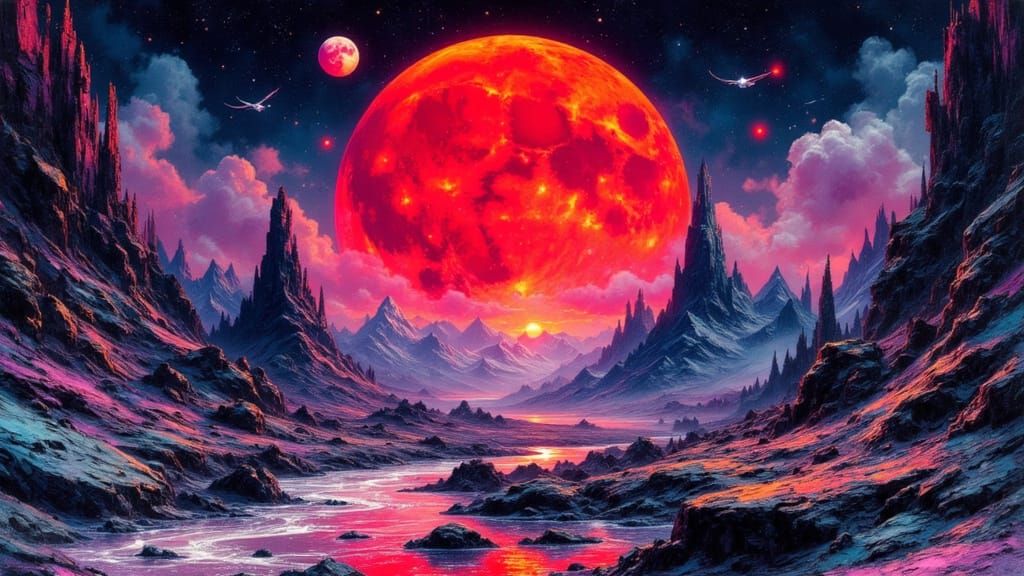 Blood Red Moon Over Psychedelic Sci-Fi Landscape