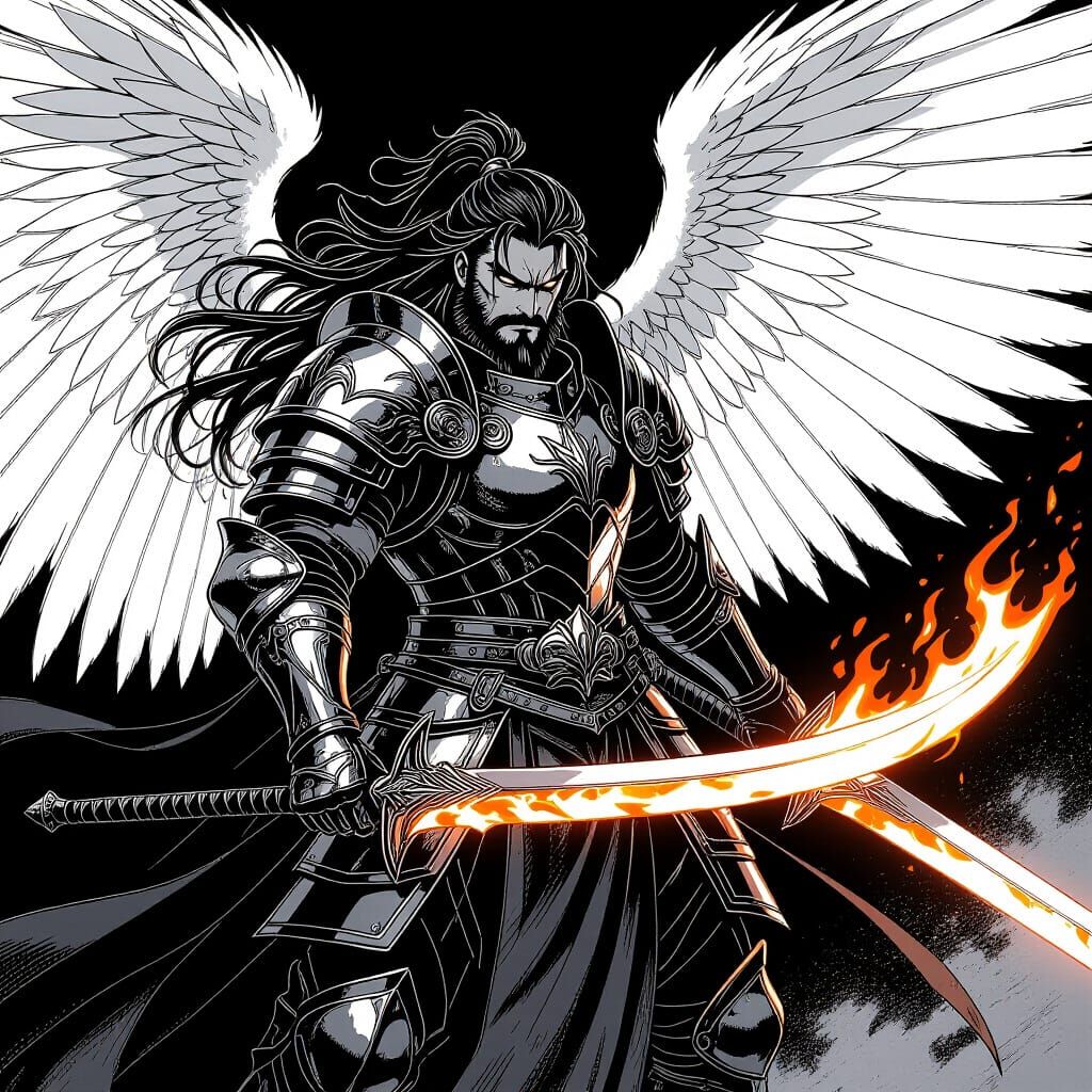 Angelic Warrior Wielding Flaming Swords: Manga Style
