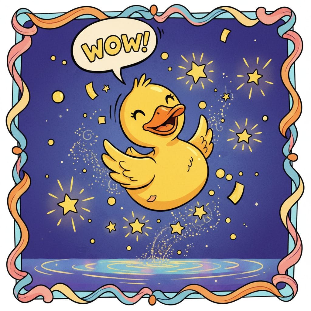 Whimsical Rubber Duck Floats Up Amidst Confetti and Stars