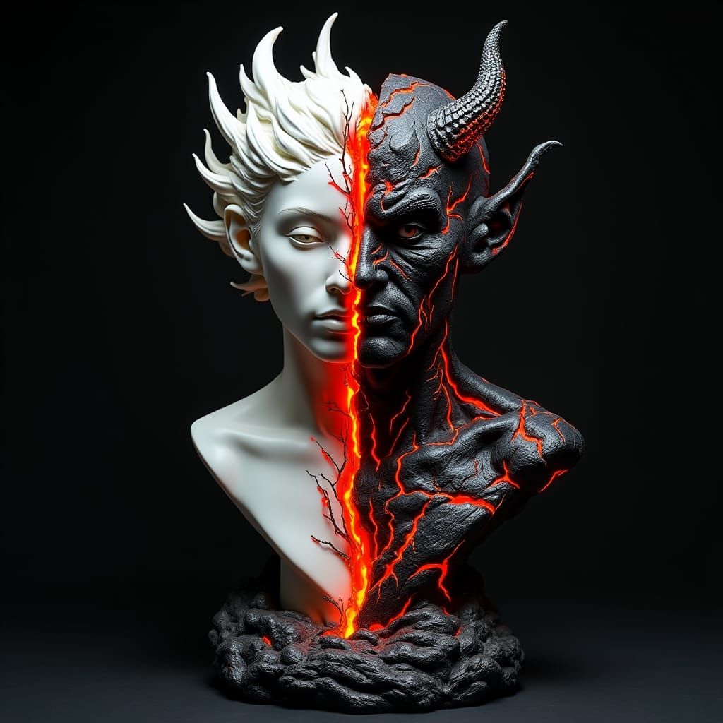 High-Contrast Statue Bust of Angel and Demon
