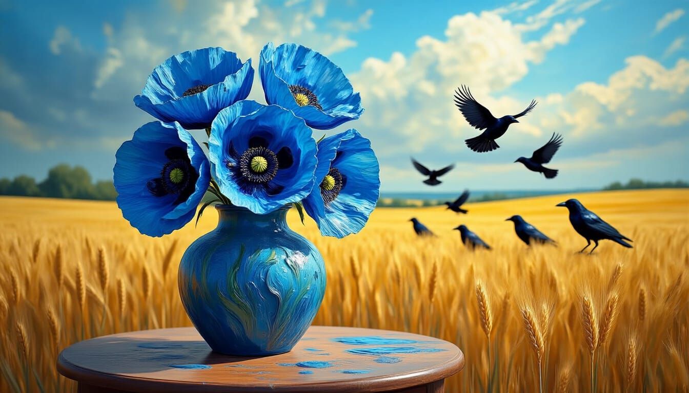 Vibrant Blue Poppy Crock in Wheat Field