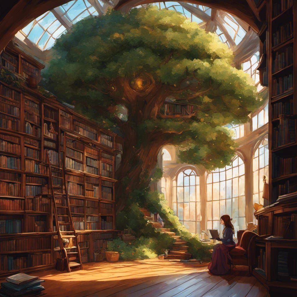 Girl in Giant Library with Tree, Digital Art