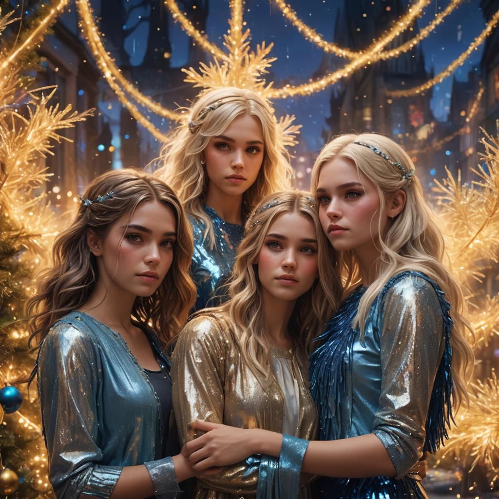 4 girls one with brunette hair  elbow length and blue tinsel the other girl with blonde hair and the other one with dirt...