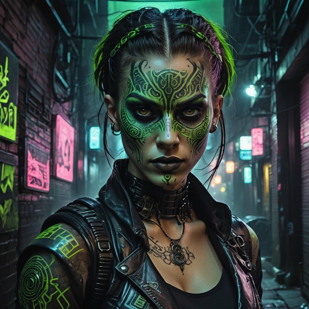 Cyberpunk Girl with Mask in Dimly Lit Alleyway