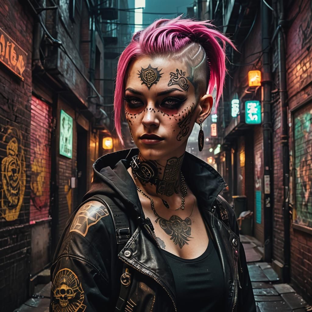 Cyberpunk Girl Portrait in Dimly Lit Alleyway