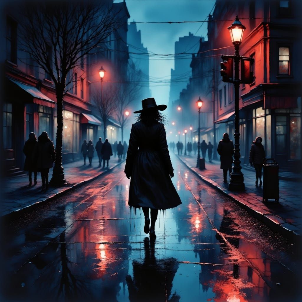 Woman Walks on Empty Cyberpunk Street at Night