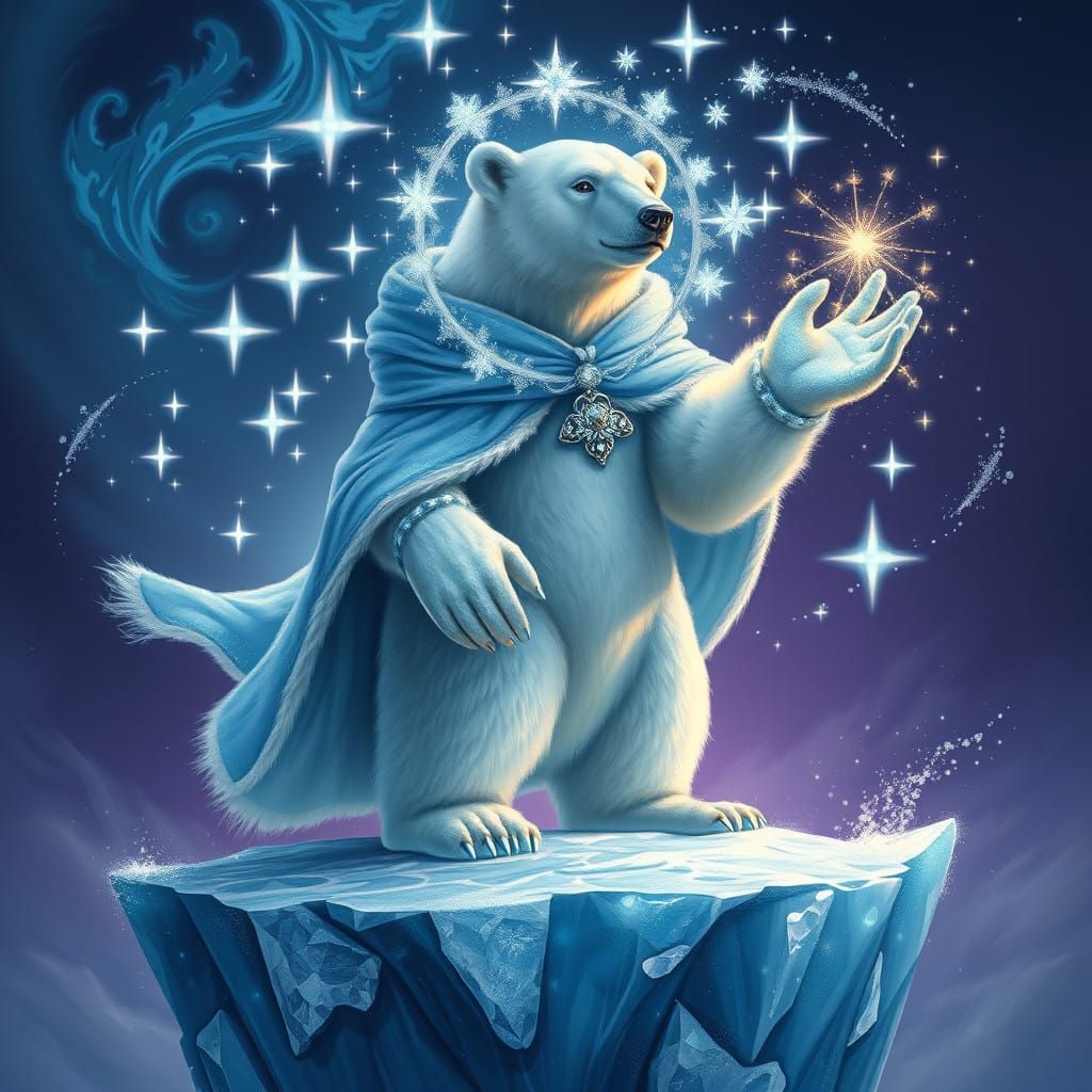 Majestic Polar Bear Magician Under Celestial Ice Stars