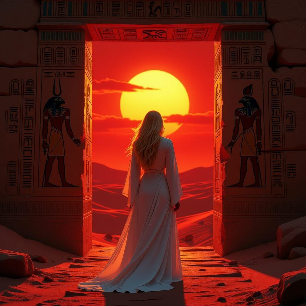 Woman at Egyptian Tomb Entrance at Sunset