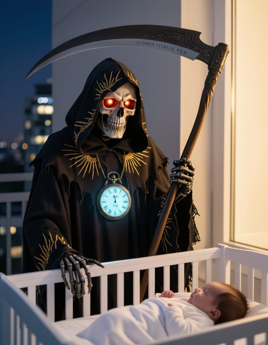 Hyperrealistic Grim Reaper Reaching for Baby