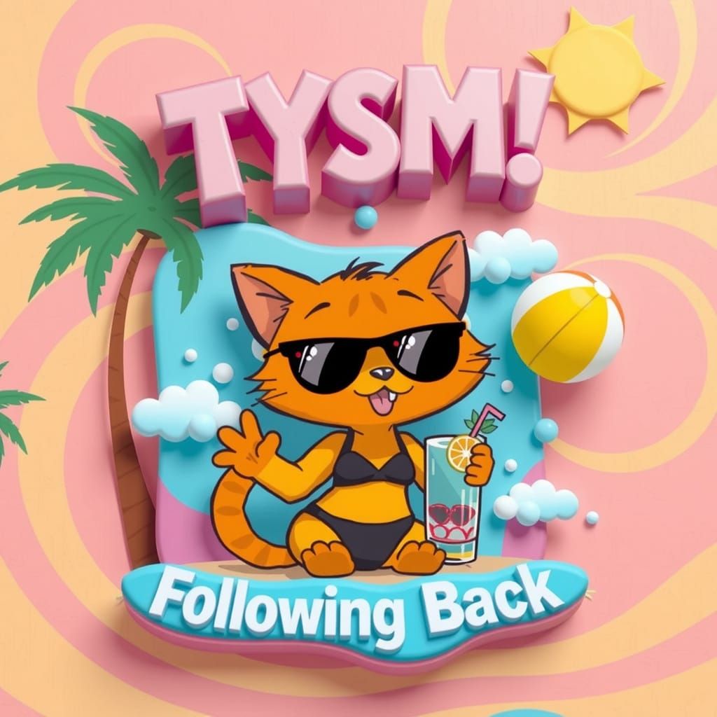Vibrant and playful raised text that says "TYSM Following Back" set against a subtly textured backdrop in a whimsical, m...
