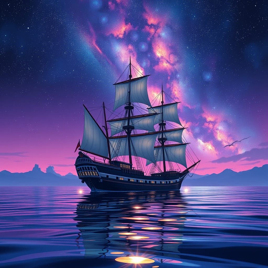 Anime Sailing Ship Under Nebula Sky