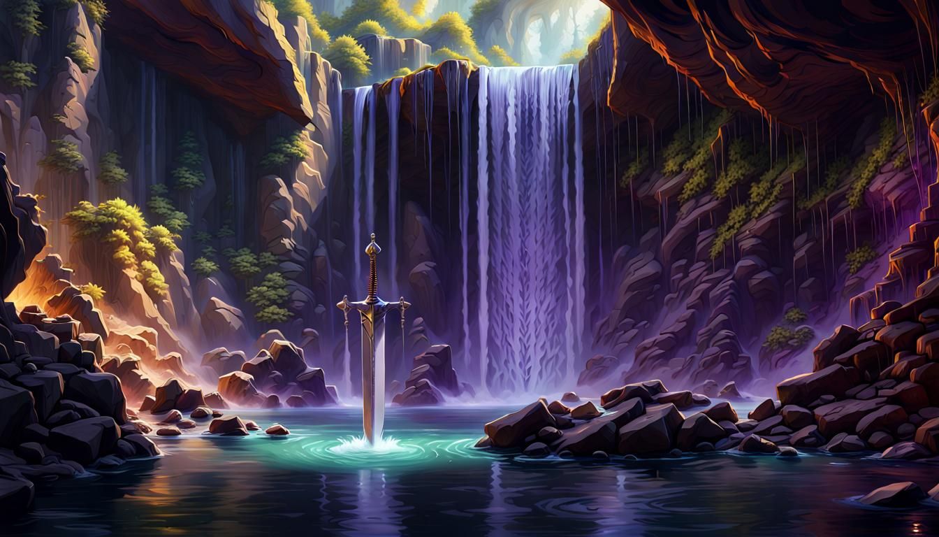 Sword in Stone Under Waterfall: Dark Fantasy Art