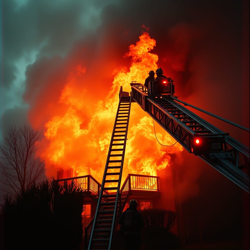 Dramatic Cinematic Scene of Burning House and Fire Brigade L...