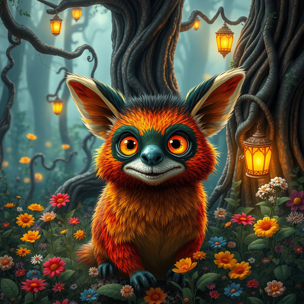 Raccoon Dog in Whimsical Forest, Miyazaki-Inspired Art