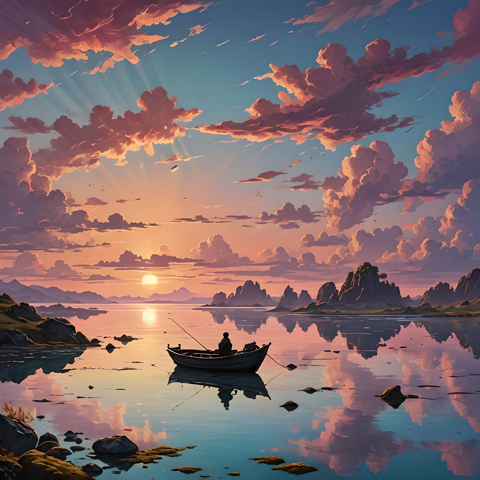 Serene Lagoon Sunset: Fishing Boat on Calm Waters