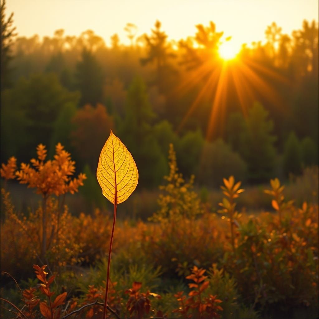 Golden Leaf Dawn Landscape in Romantic Style