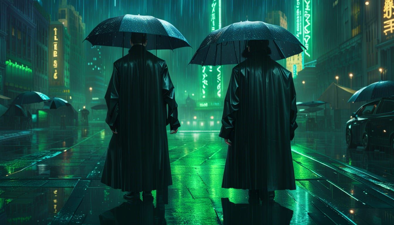 Matrix Rain City in Hyperdetailed Splash Art Style