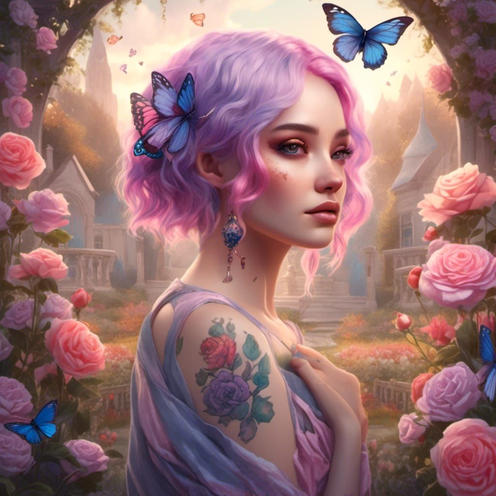 Woman with Floral Tattoos in Watercolor Style